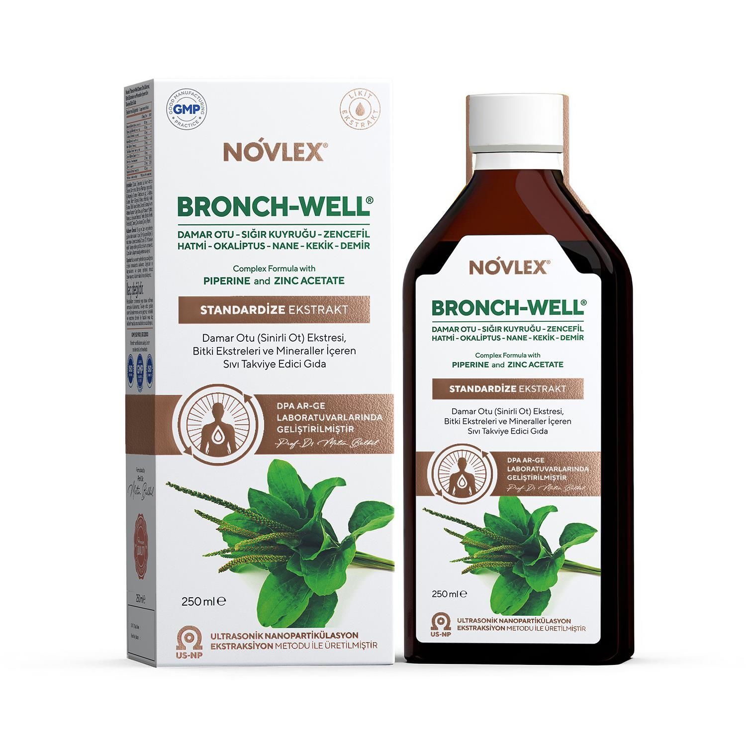Novlex® Bronch-Well Damar Otu, Sığır kuyruğu (Mullein), Okaliptüs, Hatmi, Kekik, Tıbbi Nane, Zencefil Ekstraktı (Ekstresi) ve Demir, Çinko İçeren Sıvı Takviye Edici Gıda 250ml