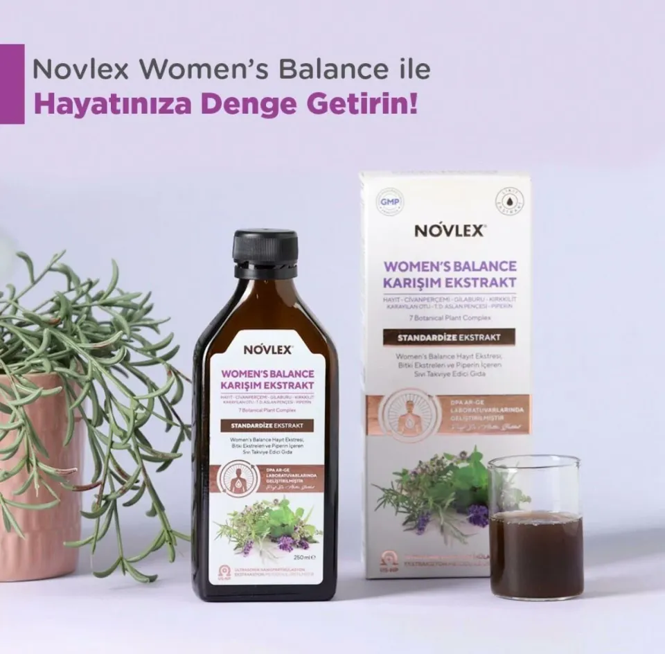 Novlex® Women’s Balance Hayıt, Civanperçemi, Gilaburu, At Kuyruğu (Kırkkilit), Karayılan Otu, Testere Dişli Aslan Pençesi ve Piperin Ekstraktı (Ekstre) İçeren Sıvı Takviye Edici Gıda 250 ml