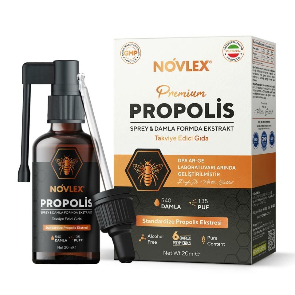 Novlex® Propolis Ekstrakt (Su Bazlı-Alkolsüz) Nane Aromalı Sprey & Damla (540 damla) Takviye Edici Gıda 20ml