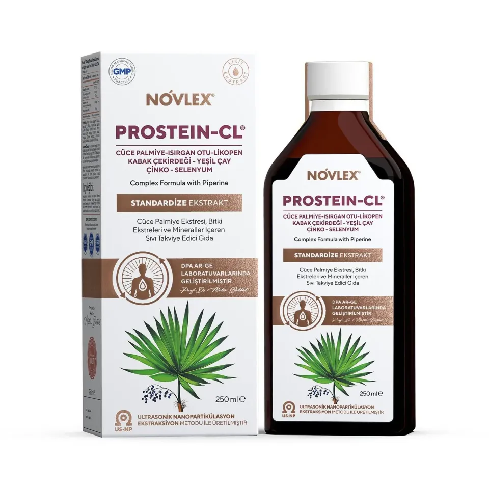 Novlex® Prostein-CL Cüce Palmiye (Saw Palmetto), Yeşil Çay (Green Tea), Isırgan, Bal Kabağı, Çinko, Likopen, Piperin ve Selenyum Ekstraktı (Ekstresi) İçeren Sıvı Takviye Edici Gıda 250 ml