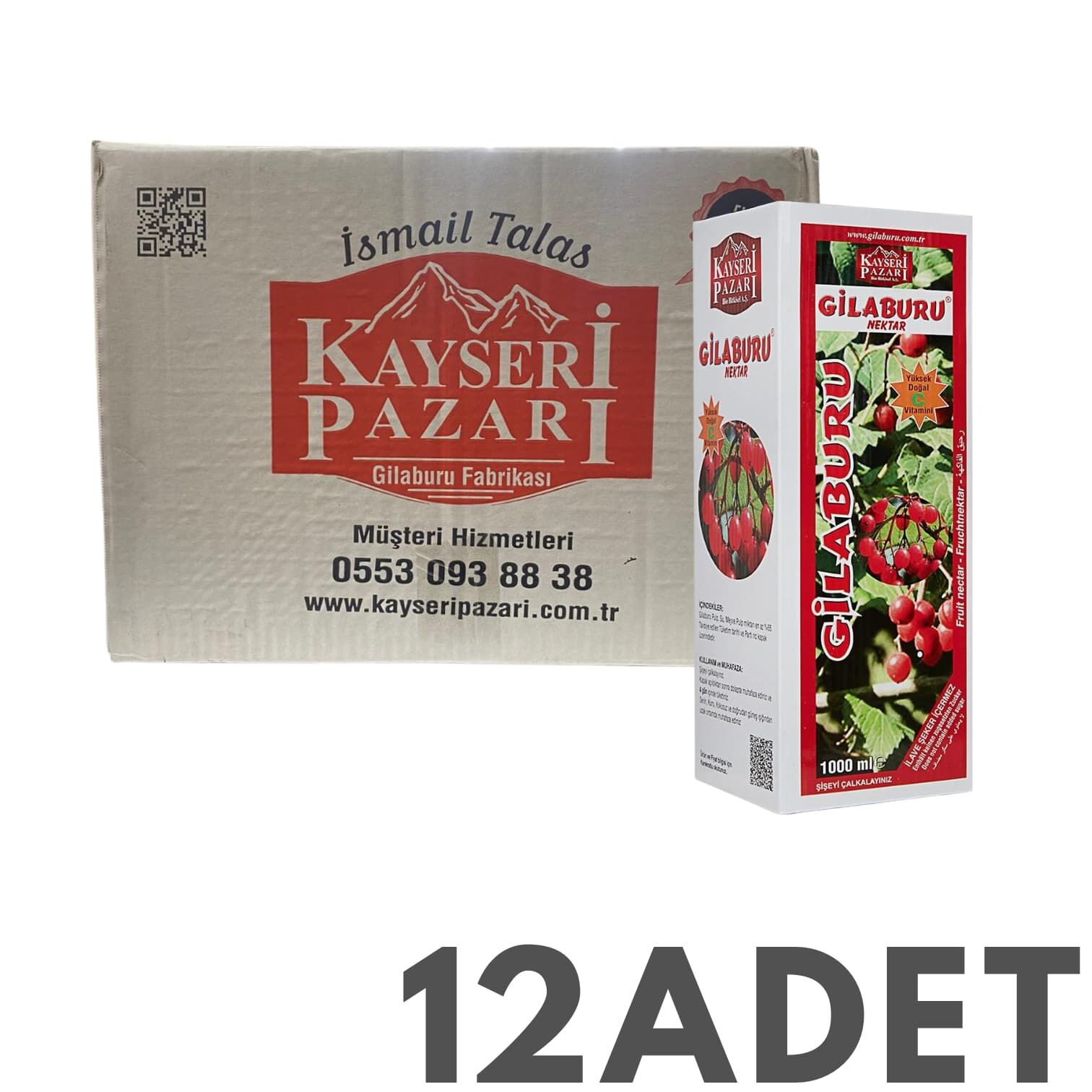 Kayseri Pazarı Gilaburu Suyu Şeker İlavesiz 1000ml 12Adet